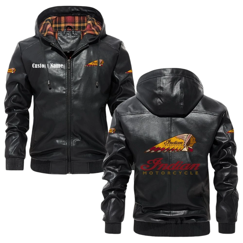 Indian Motorcycle Exclusive Logo Hooded Jacket PU Leather x Durable Windproof Warm Soft Checkered Lining, Custom Name HG010425Y47JHLCT1INM Indian Motorcycle Exclusive Logo Hooded Jacket PU Leather x Durable Windproof Warm Soft Checkered Lining, Custom Name HG010425Y47JHLCT1INM