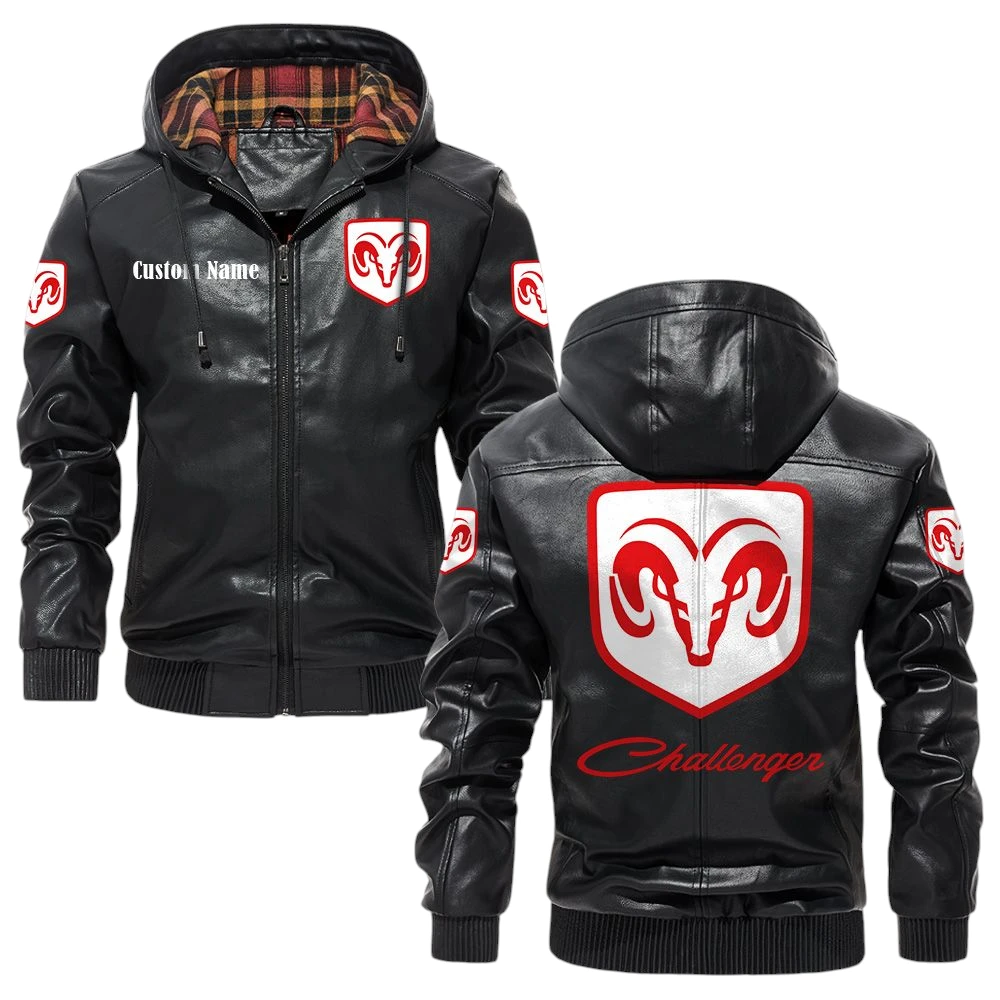 Dodge Challenger Exclusive Logo Hooded Jacket PU Leather x Durable Windproof Warm Soft Checkered Lining, Custom Name HG290325Y47JHLCT1DOD Dodge Challenger Exclusive Logo Hooded Jacket PU Leather x Durable Windproof Warm Soft Checkered Lining, Custom Name HG290325Y47JHLCT1DOD