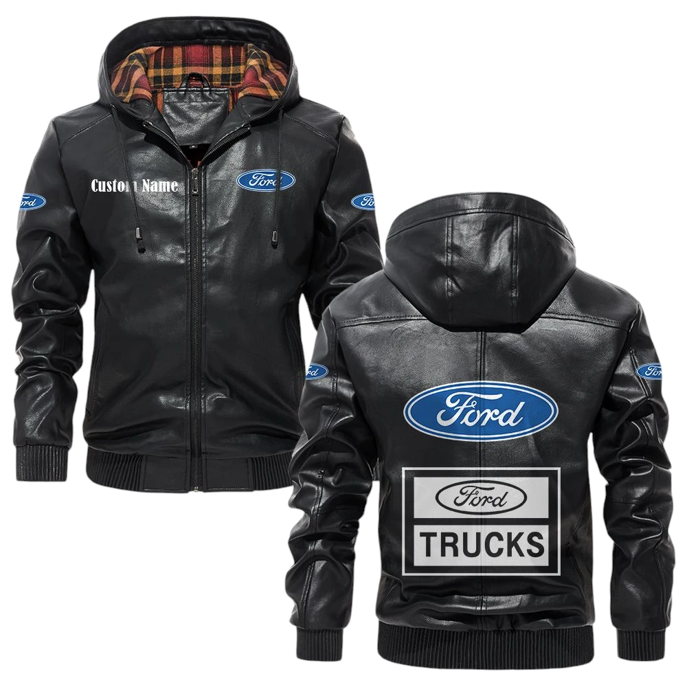 Ford Truck Exclusive Logo Hooded Jacket PU Leather x Durable Windproof Warm Soft Checkered Lining, Custom Name HG290325Y47JHLCT3FOR Ford Truck Exclusive Logo Hooded Jacket PU Leather x Durable Windproof Warm Soft Checkered Lining, Custom Name HG290325Y47JHLCT3FOR