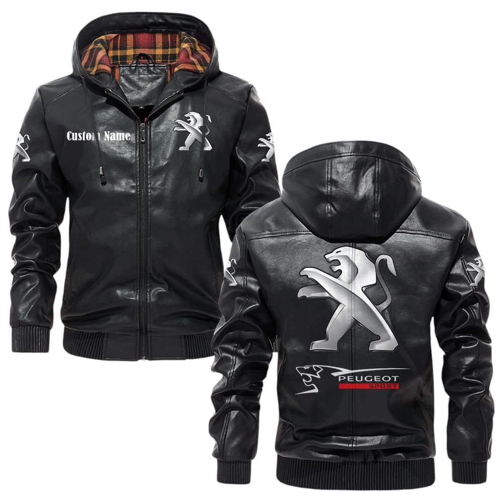 Peugeot Exclusive Logo Hooded Jacket PU Leather x Durable Windproof Warm Soft Checkered Lining, Custom Name HG030425Y47JHLCT1PEU Peugeot Exclusive Logo Hooded Jacket PU Leather x Durable Windproof Warm Soft Checkered Lining, Custom Name HG030425Y47JHLCT1PEU