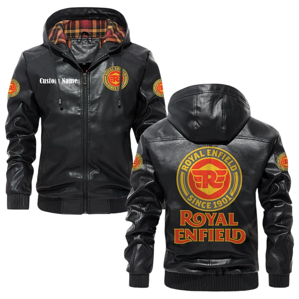 Royal Enfield Exclusive Logo Hooded Jacket PU Leather x Durable Windproof Warm Soft Checkered Lining, Custom Name HG030425Y47JHLCT1ROY Royal Enfield Exclusive Logo Hooded Jacket PU Leather x Durable Windproof Warm Soft Checkered Lining, Custom Name HG030425Y47JHLCT1ROY