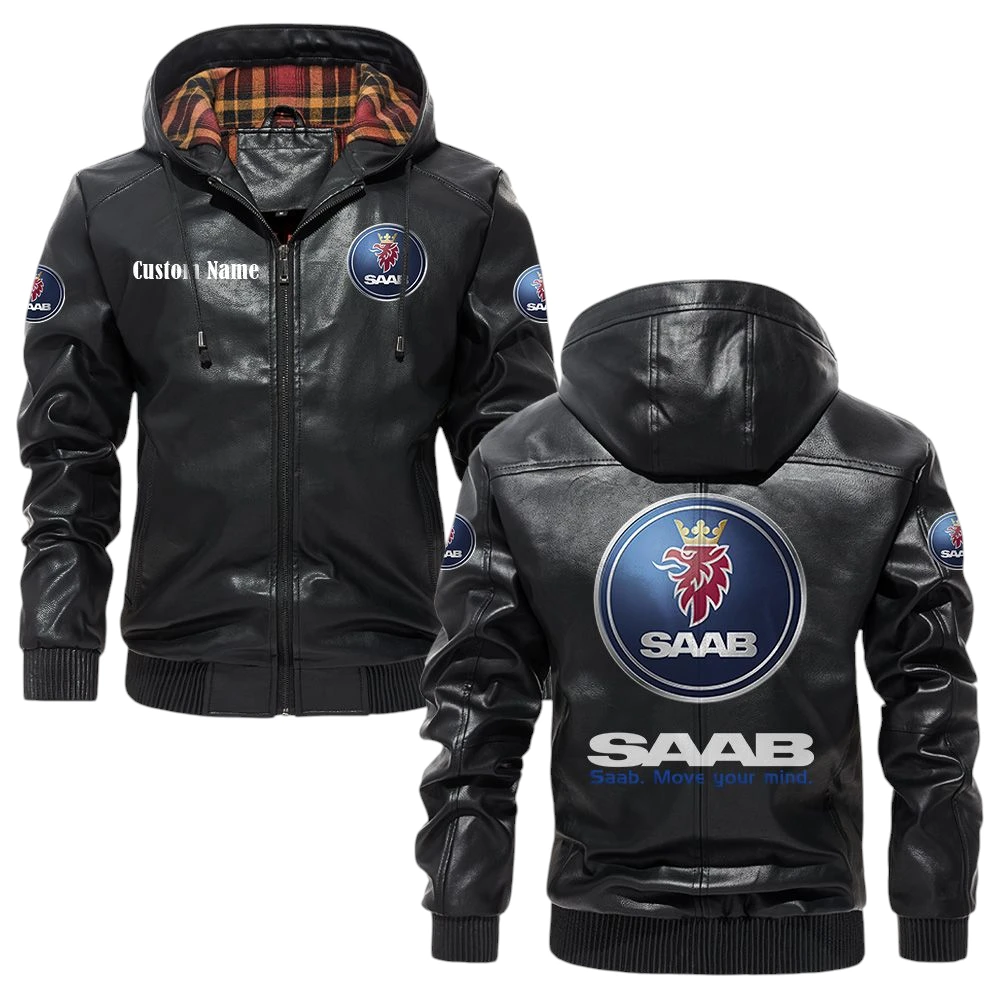 SAAB Exclusive Logo Hooded Jacket PU Leather x Durable Windproof Warm Soft Checkered Lining, Custom Name HG030425Y47JHLCT1SAA SAAB Exclusive Logo Hooded Jacket PU Leather x Durable Windproof Warm Soft Checkered Lining, Custom Name HG030425Y47JHLCT1SAA