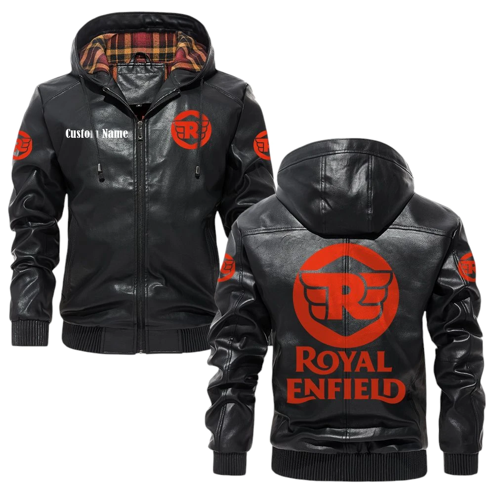 Royal Enfield Exclusive Logo Hooded Jacket PU Leather x Durable Windproof Warm Soft Checkered Lining, Custom Name HG030425Y47JHLCT2ROY Royal Enfield Exclusive Logo Hooded Jacket PU Leather x Durable Windproof Warm Soft Checkered Lining, Custom Name HG030425Y47JHLCT2ROY