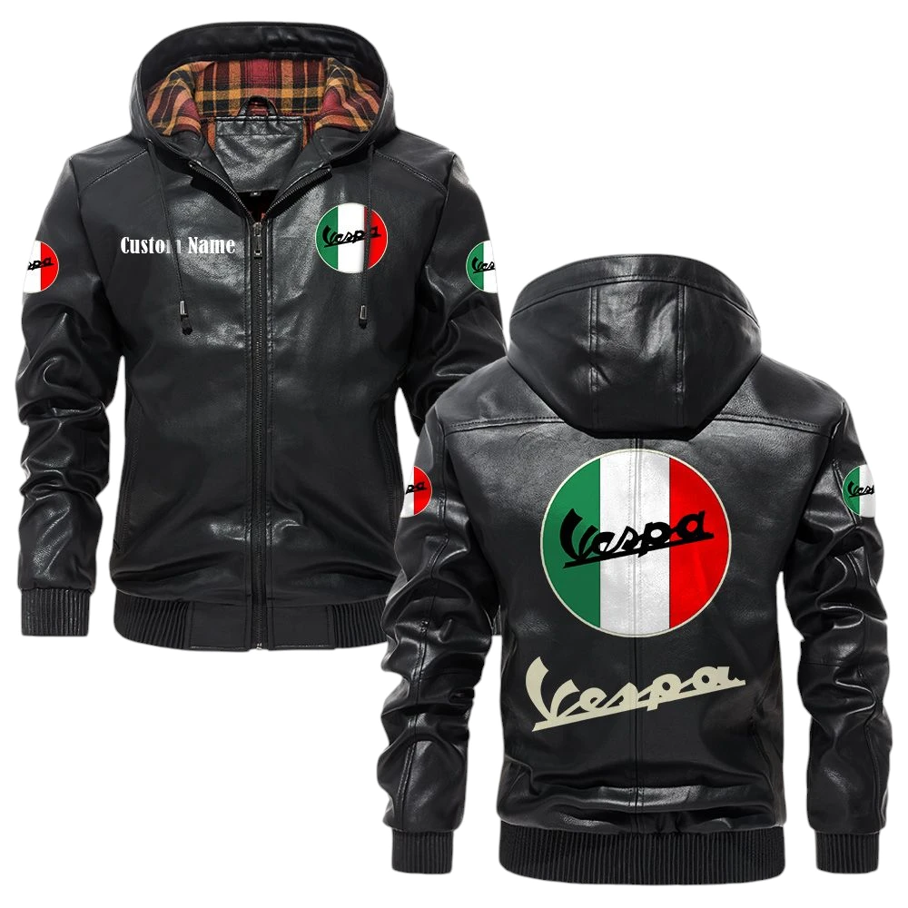 Vespa Exclusive Logo Hooded Jacket PU Leather x Durable Windproof Warm Soft Checkered Lining, Custom Name HG040425Y47JHLCT1VPA Vespa Exclusive Logo Hooded Jacket PU Leather x Durable Windproof Warm Soft Checkered Lining, Custom Name HG040425Y47JHLCT1VPA