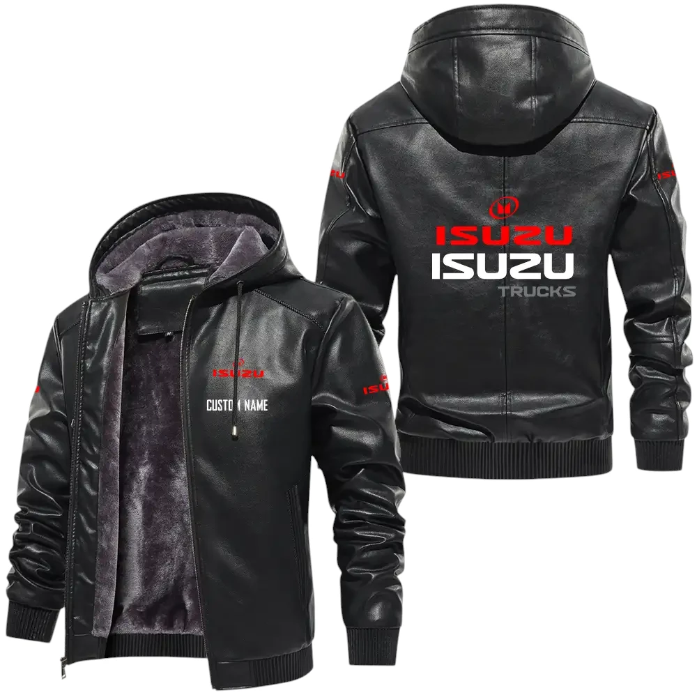 Isuzu PU Leather Hooded Jacket, Mens Durable Windproof Keep Warm Soft Velvet Lined Jacket, Custom Name HG040325Y24LJH1ISU Isuzu PU Leather Hooded Jacket, Mens Durable Windproof Keep Warm Soft Velvet Lined Jacket, Custom Name HG040325Y24LJH1ISU