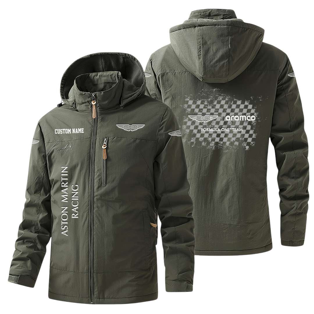 Aston Martin Racing Windbreaker Jacket Hooded Warm Lining Waterproof Custom Name Aston Martin Racing Windbreaker Jacket Hooded Warm Lining Waterproof Custom Name