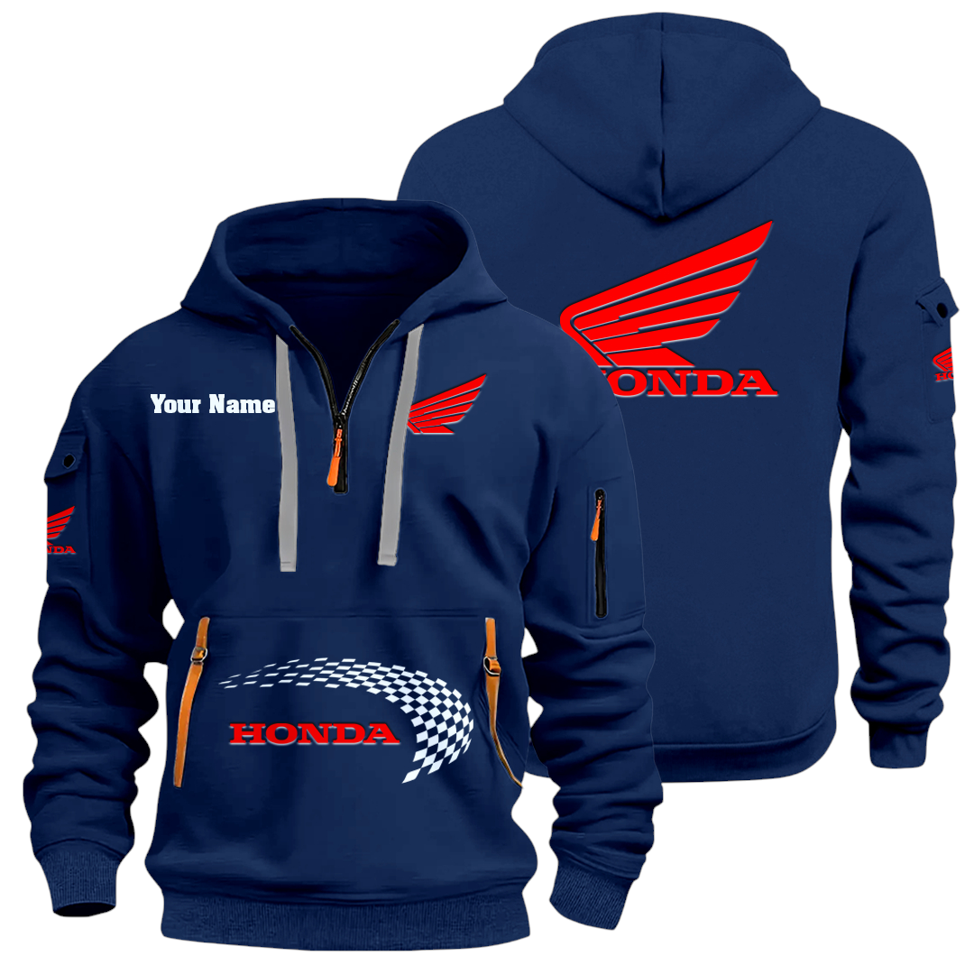 Honda Motor Half Zip Hoodie Sports Hooded Multi-Pockets Custom Name Honda Motor Half Zip Hoodie Sports Hooded Multi-Pockets Custom Name