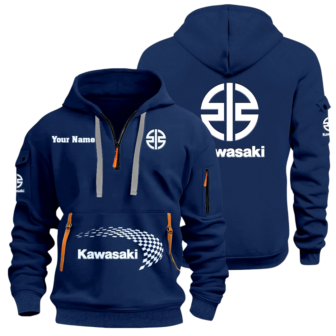 Kawasaki Motors Half Zip Hoodie Sports Hooded Multi-Pockets Custom Name Kawasaki Motors Half Zip Hoodie Sports Hooded Multi-Pockets Custom Name