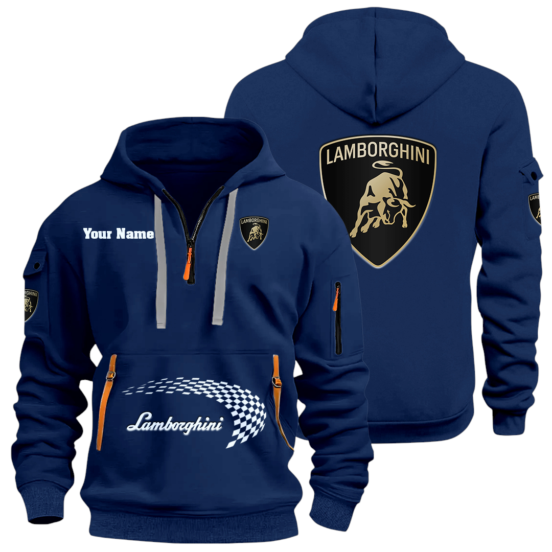 Lamborghini Half Zip Hoodie Sports Hooded Multi-Pockets Custom Name Lamborghini Half Zip Hoodie Sports Hooded Multi-Pockets Custom Name
