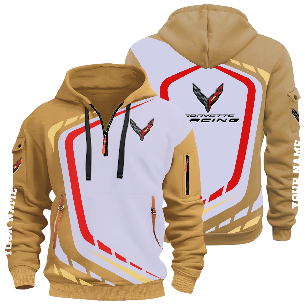 Corvette Racing Half Zip Hoodie All Over Prints Multi-Pockets Custom Name Corvette Racing Half Zip Hoodie All Over Prints Multi-Pockets Custom Name