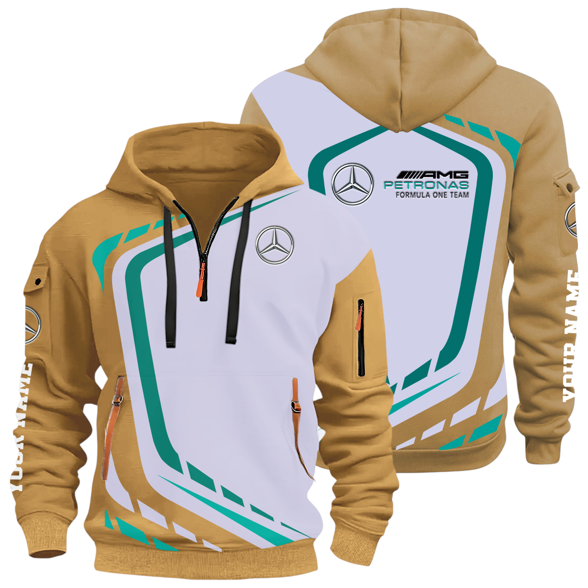 Mercedes-AMG Petronas Racing Half Zip Hoodie All Over Prints Multi-Pockets Custom Name Mercedes-AMG Petronas Racing Half Zip Hoodie All Over Prints Multi-Pockets Custom Name