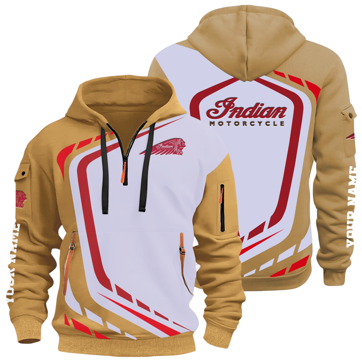 Indian Motorcycle Half Zip Hoodie All Over Prints Multi-Pockets Custom Name Indian Motorcycle Half Zip Hoodie All Over Prints Multi-Pockets Custom Name